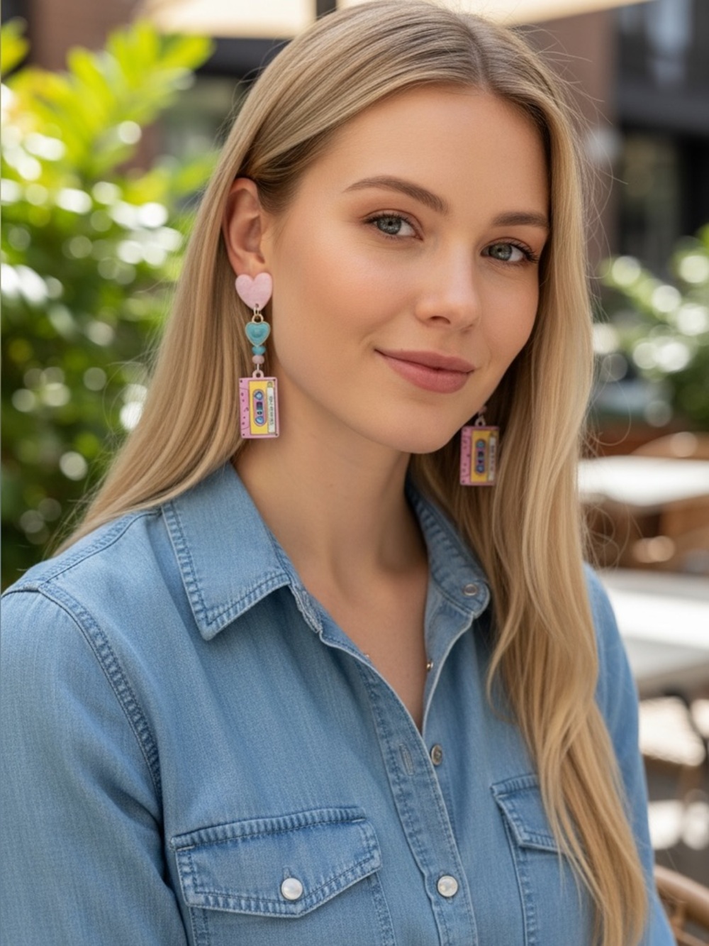 Retro Cassette Tape Heart Dangle Earrings — Pink, Teal, Yellow Best of the 90’s